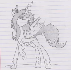 Size: 2992x2944 | Tagged: artist needed, safe, derpibooru import, changeling queen oc, oc, oc:gray, unofficial characters only, changeling, changeling queen, changelingified, crown, female, lineart, lined paper, monochrome, raised hoof, solo, spread wings, tongue out, traditional art