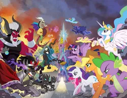 Size: 981x756 | Tagged: safe, artist:tonyfleecs, derpibooru import, idw, applejack, big boy the cloud gremlin, discord, fluttershy, king sombra, lord tirek, pinkie pie, princess celestia, princess luna, queen chrysalis, rainbow dash, rarity, runt the cloud gremlin, spike, twilight sparkle, twilight sparkle (alicorn), alicorn, centaur, changeling, changeling queen, cloud gremlins, draconequus, dragon, earth pony, parasprite, pegasus, pony, unicorn, castle, female, male, mane seven, mane six, mare, this will end in tears and/or death