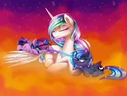 Size: 5000x3800 | Tagged: safe, artist:magnaluna, derpibooru import, princess celestia, princess luna, twilight sparkle, twilight sparkle (alicorn), alicorn, pony, abstract background, absurd resolution, cloud, cloudy, cute, ethereal mane, eye contact, eyes closed, female, filly, frown, glare, jealous, jealous luna, jealous twilight, looking at you, lunabetes, lying down, mare, momlestia, prone, smiling, starry mane, stars, twiabetes, woona, younger