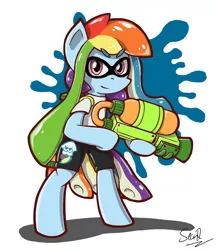 Size: 2500x2900 | Tagged: safe, artist:sheandog, derpibooru import, rainbow dash, inkling, pony, semi-anthro, abstract background, bipedal, clothes, crossover, female, mare, nintendo, shadow, signature, simple background, solo, splatoon, splattershot, white background, wingless