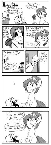 Size: 894x2500 | Tagged: safe, artist:tjpones, derpibooru import, oc, oc:brownie bun, oc:richard, unofficial characters only, human, horse wife, ask, blatant lies, comic, cute, descriptive noise, grayscale, horse noises, meme, monochrome, rose, tumblr