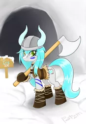 Size: 2003x2857 | Tagged: safe, artist:potzm, derpibooru import, oc, oc:icyhaze, unofficial characters only, earth pony, pony, axe, boots, cave, helmet, horned helmet, leather armor, shoes, snow, solo, viking, viking helmet, weapon