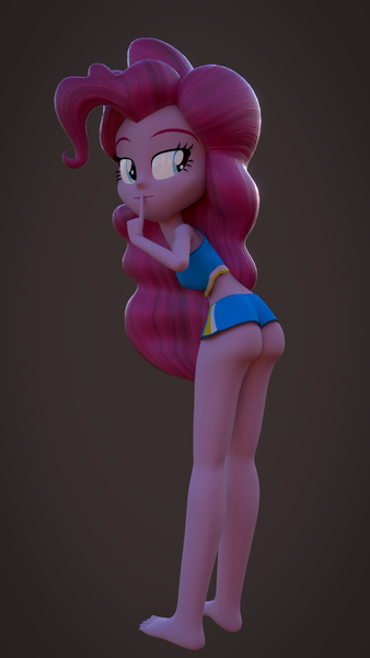 Size: 1024x1820 | Tagged: suggestive, artist:creatorofpony, artist:thebronymarines, derpibooru import, ponerpics import, ponybooru import, pinkie pie, human, equestria girls, 3d, ass, balloonbutt, barefoot, breasts, butt, cheerleader, cheerleader outfit, clothes, feet, female, g4, image, png, shorts, solo, solo female, wedgie