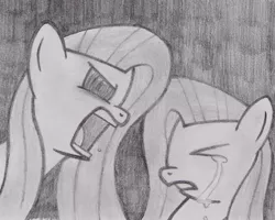 Size: 1096x878 | Tagged: safe, artist:seabastian, derpibooru import, fluttershy, crying, duality, flutterrage, greatest fear, monochrome, traditional art