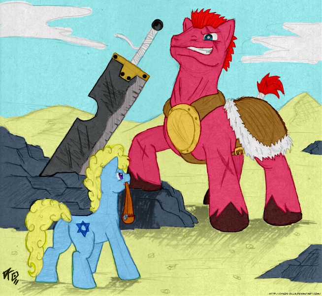 Size: 2459x2256 | Tagged: artist:cynos-zilla, bible, buster sword, david, derpibooru import, goliath, ponified, safe, sword, weapon
