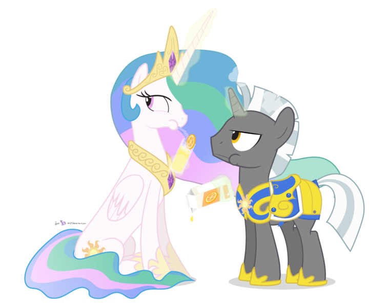 Size: 1325x1050 | Tagged: armor, artist:dm29, commission, derpibooru import, drink, duo, levitation, magic, oc, oc:scope, orange juice, princess celestia, royal guard, safe, simple background, sitting, :t, transparent background, unamused