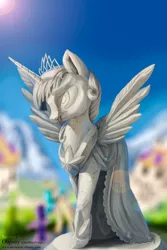 Size: 4000x6000 | Tagged: safe, artist:lulemt, derpibooru import, princess celestia, twilight sparkle, twilight sparkle (alicorn), alicorn, pony, clothes, dress, female, lens flare, mare, regalia, signature, statue, tiara