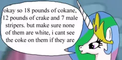 Size: 310x152 | Tagged: cocaine, comic, crack, derpibooru import, dialogue, dragondicks, drugs, grammar error, misspelling, princess celestia, safe, solo, speech bubble, stripper, wat