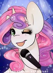 Size: 880x1200 | Tagged: safe, artist:chocolateponi, derpibooru import, sweetie belle, singing, solo, wink