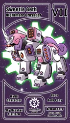 Size: 800x1399 | Tagged: safe, artist:vavacung, derpibooru import, sweetie belle, pony, robot, robot pony, unicorn, bucue, commission, cutie mark, decepticon, female, filly, foal, gears, gundam, hooves, horn, mecha, pactio card, smiling, solo, sweetie bot, text, transformers, weapon