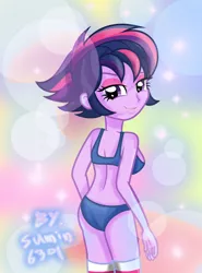 Size: 1034x1395 | Tagged: suggestive, artist:sumin6301, derpibooru import, twilight sparkle, twilight sparkle (alicorn), equestria girls, alternate hairstyle, ass, blue underwear, bra, breasts, clothes, panties, punklight sparkle, solo, twibutt, underwear