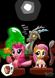 Size: 955x1351 | Tagged: artist:mysticalpha, cinema, cute, derpibooru import, diapinkes, discord, exclamation point, fluttershy, iron man, make new friends but keep discord, open mouth, pictogram, pinkie pie, popcorn, safe, shipping, smoozcord, smooze, speech bubble, that was fast