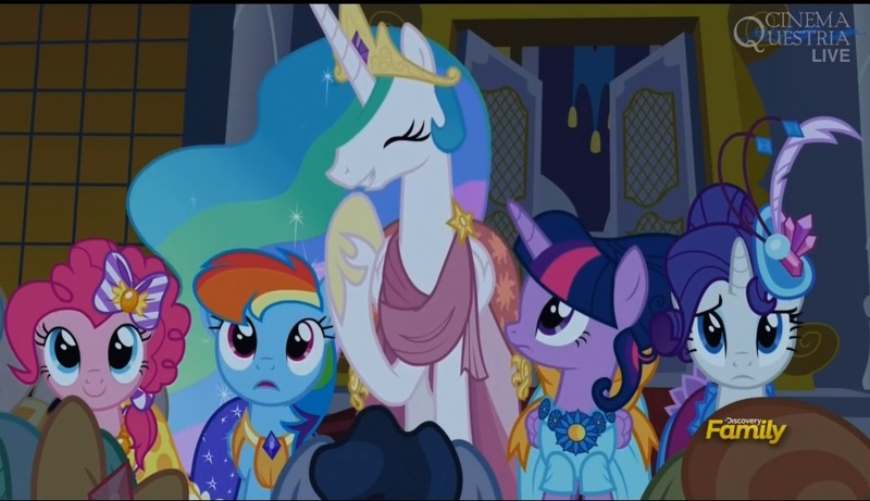 Size: 1071x617 | Tagged: safe, derpibooru import, screencap, lady justice, pinkie pie, princess celestia, rainbow dash, rarity, sunshower raindrops, swift justice, twilight sparkle, twilight sparkle (alicorn), alicorn, pony, make new friends but keep discord, cinemaquestria, eyes closed, female, frown, grin, laughing, mare, smiling