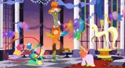 Size: 846x462 | Tagged: safe, derpibooru import, edit, edited screencap, screencap, discord, perry pierce, pinkie pie, spike, tree hugger, pony, make new friends but keep discord, balloon, blurry, circled, grand galloping gala, low quality, needs more jpeg, third doctor