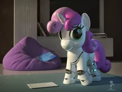 Size: 2048x1536 | Tagged: safe, artist:expir, derpibooru import, sweetie belle, pony, robot, robot pony, unicorn, 3d, 3ds max, beanbag chair, blank flank, book, cute, diasweetes, female, filly, foal, hooves, horn, looking at you, pose, smiling, solo, sweetie bot, tablet