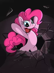 Size: 768x1024 | Tagged: safe, artist:secoh2000, derpibooru import, pinkie pie, pony, bipedal, broken screen, fourth wall, open mouth, solo