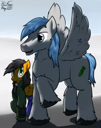 Size: 1014x1280 | Tagged: safe, artist:the-furry-railfan, derpibooru import, oc, oc:featherweight, oc:twintails, unofficial characters only, pegasus, pony, fallout equestria, fallout equestria: occupational hazards, clothes, couple, giant pony, pipbuck, size difference, unshorn fetlocks