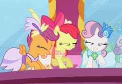 Size: 436x302 | Tagged: adorabloom, animated, apple bloom, clothes, cute, cutealoo, cutie mark crusaders, derpibooru import, diasweetes, dress, excited, gala dress, irrational exuberance, make new friends but keep discord, safe, scootaloo, screencap, squee, sweetie belle, trotting, trotting in place