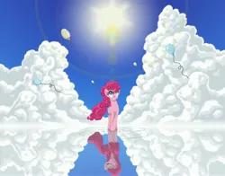 Size: 4200x3300 | Tagged: safe, artist:template93, derpibooru import, pinkie pie, balloon, cloud, cloudy, duality, pinkamena diane pie, reflection, sky, solo, story included, sun, water