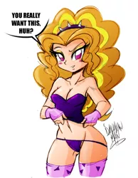 Size: 800x1033 | Tagged: suggestive, artist:danmakuman, derpibooru import, adagio dazzle, equestria girls, bedroom eyes, belly button, blushing, breasts, bronybait, busty adagio dazzle, cleavage, clothes, collarbone, dem thighs, dialogue, eyeshadow, female, fingerless gloves, gloves, hairband, looking at you, midriff, nudity, panties, socks, solo, solo female, stockings, stupid sexy adagio dazzle, thigh highs, thong, tube top, underass, underwear, wide hips
