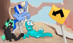 Size: 1150x675 | Tagged: suggestive, artist:plain, derpibooru import, oc, oc:astral, oc:frosty winds, oc:sapphire sights, oc:tailwind, unofficial characters only, pegasus, pony, fallout equestria, bedroom eyes, belly button, female, females only, kissing, lesbian, looking at you, on back