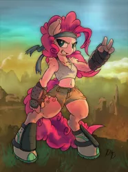 Size: 745x1000 | Tagged: anthro, artist:dfectivedvice, artist:firebird145, badass, bandana, belly button, bipedal, chest fluff, clothes, derpibooru import, midriff, peace sign, pinkie pie, safe, shorts, solo, tanktop, unguligrade anthro