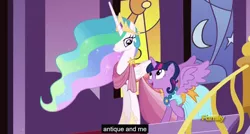 Size: 1600x855 | Tagged: safe, derpibooru import, screencap, princess celestia, twilight sparkle, twilight sparkle (alicorn), alicorn, pony, make new friends but keep discord, antique, clothes, discovery family logo, dress, female, gala dress, mare, meme, old, spread wings, youtube caption