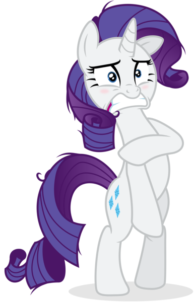 Size: 5000x7800 | Tagged: safe, artist:yanoda, derpibooru import, rarity, pony, make new friends but keep discord, .ai available, absurd resolution, assisted exposure, bipedal, blushing, clothing theft, covering, embarrassed, implied nudity, naked rarity, simple background, solo, transparent background, vector, we don't normally wear clothes