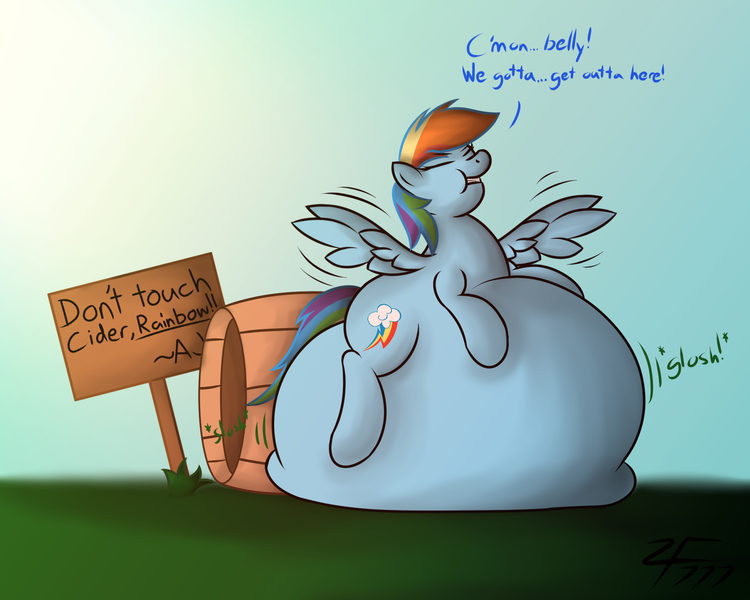 Size: 2000x1600 | Tagged: artist:zeldafan777, belly, belly bed, big belly, cider, derpibooru import, fat, huge belly, immobile, impossibly fat mare, impossibly large belly, inflation, large belly, morbidly obese, need to go on a diet, need to lose weight, obese, rainblob dash, rainbow dash, safe, solo, stomach noise, that pony sure does love cider, too fat, too fat to move, weight gain