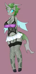 Size: 637x1280 | Tagged: ambiguous facial structure, anthro, artist:basketgardevoir, big breasts, blushing, breasts, changeling, clothes, corset, derpibooru import, fangs, female, fishnets, floppy ears, frown, garters, lingerie, looking at you, miniskirt, prostitute, pubic hair, pubic hair slip, skirt, solo, solo female, suggestive, unguligrade anthro