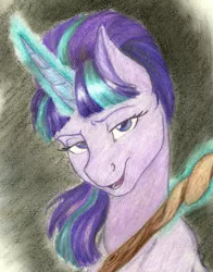 Size: 793x1014 | Tagged: artist:skybounddeos, derpibooru import, glowing horn, portrait, s5 starlight, safe, simple background, solo, staff, staff of sameness, starlight glimmer, the cutie map, traditional art