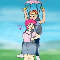 Size: 1000x1000 | Tagged: safe, artist:phallen1, derpibooru import, pinkie pie, rainbow dash, human, air ponyville, falling, female, flying, goggles, harness, humanized, lesbian, parachute, pinkiedash, shipping, skydiving