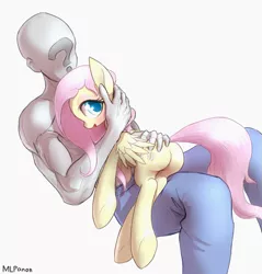Size: 917x958 | Tagged: suggestive, artist:mlpanon, derpibooru import, fluttershy, oc, oc:anon, human, pony, blushing, cuddling, flutterbutt, holding a pony, hug, human on pony snuggling, muscles, open mouth, petting, plot, simple background, smiling, snuggling, underhoof, white background