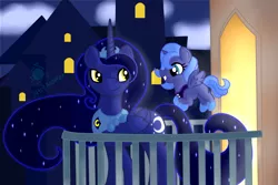 Size: 1280x853 | Tagged: safe, artist:intheallspark, derpibooru import, princess luna, oc, oc:queen chernalia, alicorn, pony, age of the alicorns, alicorn oc, balcony, cute, duo, ethereal mane, fanfic art, female, filly, flying, foal, lunabetes, mare, mother and daughter, starry mane, woona