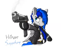 Size: 2613x2081 | Tagged: artist:kenfkol, beretta, clothed ponies, clothes, derpibooru import, fallout equestria, gun, implied murder, oc, oc:sapphire sights, pistol, safe, standing, suit, unofficial characters only