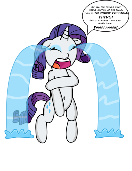 Size: 5100x6610 | Tagged: safe, artist:saburodaimando, derpibooru import, rarity, pony, make new friends but keep discord, absurd resolution, assisted exposure, belly button, bipedal, clothing theft, covering, crying, dialogue, embarrassed, embarrassed nude exposure, female, humiliation, marshmelodrama, naked rarity, nudity, ocular gushers, scene interpretation, simple background, solo, speech bubble, the worst possible thing, we don't normally wear clothes, white background