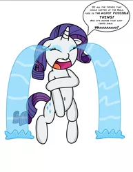 Size: 5100x6610 | Tagged: safe, artist:saburodaimando, derpibooru import, rarity, pony, make new friends but keep discord, absurd resolution, assisted exposure, belly button, bipedal, clothing theft, covering, crying, dialogue, embarrassed, embarrassed nude exposure, female, humiliation, marshmelodrama, naked rarity, nudity, ocular gushers, scene interpretation, simple background, solo, speech bubble, the worst possible thing, we don't normally wear clothes, white background