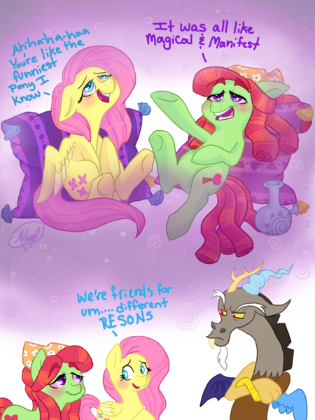 Size: 1500x2000 | Tagged: artist:mc10215, bong, comic, derpibooru import, discord, flutterhigh, fluttershy, high, make new friends but keep discord, safe, scene parody, stoned, tree hugger, tree stoner