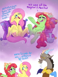 Size: 1500x2000 | Tagged: artist:mc10215, bong, comic, derpibooru import, discord, flutterhigh, fluttershy, high, make new friends but keep discord, safe, scene parody, stoned, tree hugger, tree stoner