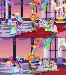 Size: 1916x2156 | Tagged: safe, derpibooru import, screencap, discord, fluttershy, perry pierce, pinkie pie, spring melody, sprinkle medley, tree hugger, twilight sparkle, twilight sparkle (alicorn), alicorn, pony, make new friends but keep discord, female, inconsistency, mare