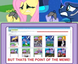 Size: 1686x1394 | Tagged: safe, derpibooru import, fluttershy, princess luna, twilight sparkle, twilight sparkle (alicorn), alicorn, pony, derpibooru, gamer luna, exploitable meme, female, gamershy, mare, meme, meta, no fun allowed, obligatory pony, tv meme