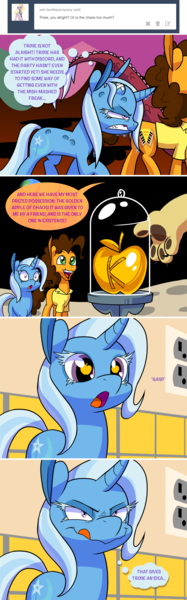 Size: 1280x4108 | Tagged: safe, artist:grandpalove, derpibooru import, cheese sandwich, discord, trixie, pony, unicorn, ask trixie and cheese, absurd resolution, apple of discord, bandage, bee sting, comic, female, mare, the grim adventures of billy and mandy, the grinch, tumblr