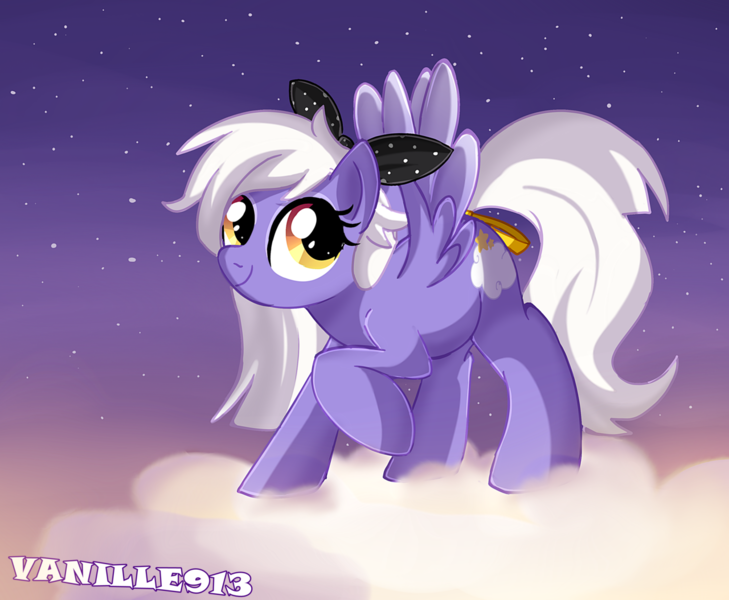 Size: 1280x1054 | Tagged: safe, artist:spookyle, derpibooru import, oc, oc:night star, unofficial characters only, pegasus, pony, bow, cloud, hair bow, night, stars