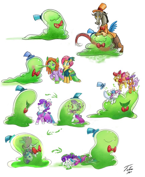Size: 1900x2320 | Tagged: safe, artist:tsitra360, derpibooru import, apple bloom, discord, fluttershy, rarity, scootaloo, smooze, sweetie belle, tree hugger, draconequus, earth pony, pegasus, pony, unicorn, make new friends but keep discord, :t, blushing, bouncing, clothes, comic, cutie mark crusaders, dress, eaten alive, female, fetish, filly, floppy ears, frown, gala dress, implied vore, jumping, kissing, leaning, male, mare, ooze, open mouth, prone, rariprey, shipping, slime, smiling, smooze hugger, smoozed, straight, undersmooze, vore, wavy mouth, wide eyes