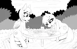 Size: 3134x2000 | Tagged: safe, artist:replica, derpibooru import, oc, oc:cruise control, oc:reppy, unofficial characters only, earth pony, pegasus, pony, cookie, drawing, earth ponies cant draw, floppy ears, grayscale, juice box, lineart, monochrome, mouth hold, outdoors, pencil, rule 63, sitting, smiling