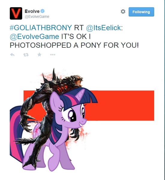 Size: 640x698 | Tagged: barely pony related, crossover, derpibooru import, evolve, goliath, meta, safe, twilight sparkle, twitter, video game