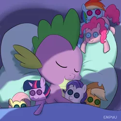 Size: 1000x1000 | Tagged: safe, artist:empyu, derpibooru import, spike, dragon, baby, baby dragon, bed, blanket, button eyes, cute, female, implied applespike, implied flutterspike, implied pinkiespike, implied rainbowspike, implied shipping, implied sparity, implied straight, implied twispike, male, pillow, plushie, rarity plushie, signature, sleeping, solo, sparilush, spikabetes, spike gets all the plushies