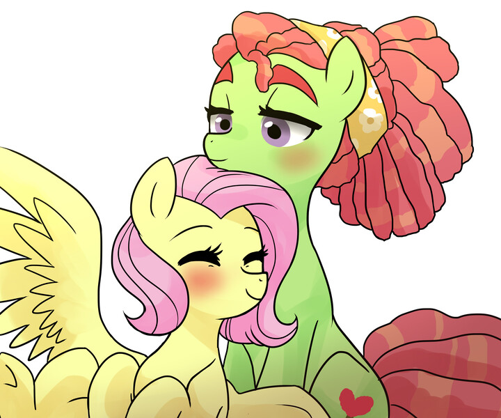 Size: 3000x2500 | Tagged: safe, artist:kianamai, derpibooru import, fluttershy, tree hugger, earth pony, pegasus, pony, kilalaverse ii, make new friends but keep discord, alternate hairstyle, blushing, eyes closed, female, flutterhugger, lesbian, mare, shipping, simple background, smiling, white background