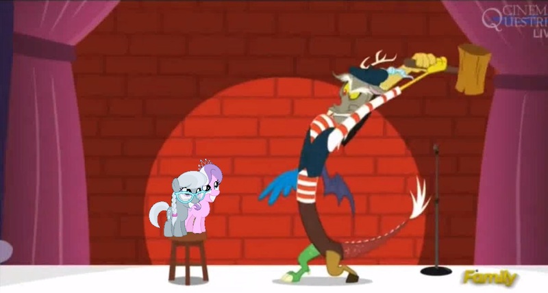 Size: 1221x653 | Tagged: safe, derpibooru import, edit, screencap, diamond tiara, discord, silver spoon, earth pony, pony, make new friends but keep discord, abuse, adorabullies, cute, female, filly, gallagher, glare, gritted teeth, hammer, harsher in hindsight, missing accessory, silverbuse, spoonabuse, spotlight, stage, stool, this will end in tears and/or death, tiarabuse, we are going to hell