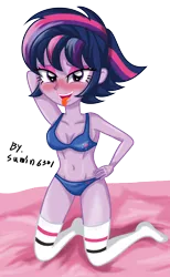 Size: 846x1377 | Tagged: suggestive, artist:sumin6301, derpibooru import, twilight sparkle, twilight sparkle (alicorn), equestria girls, alternate hairstyle, bedroom eyes, belly button, blue underwear, blushing, bra, breasts, clothes, cutie mark underwear, panties, punklight sparkle, solo, underwear